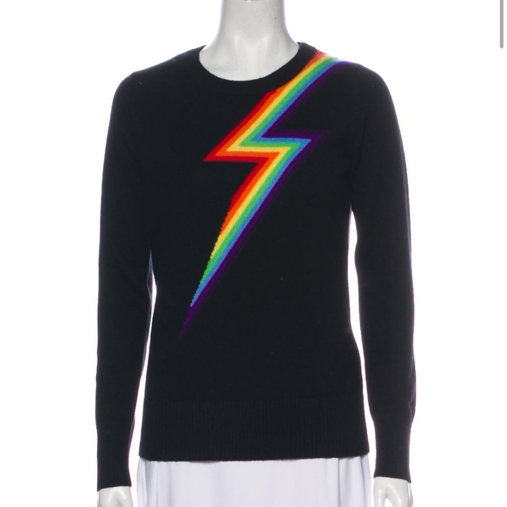 Madeleine Thompson cashmere crewneck sweater w rainbow lightening bolt, size S